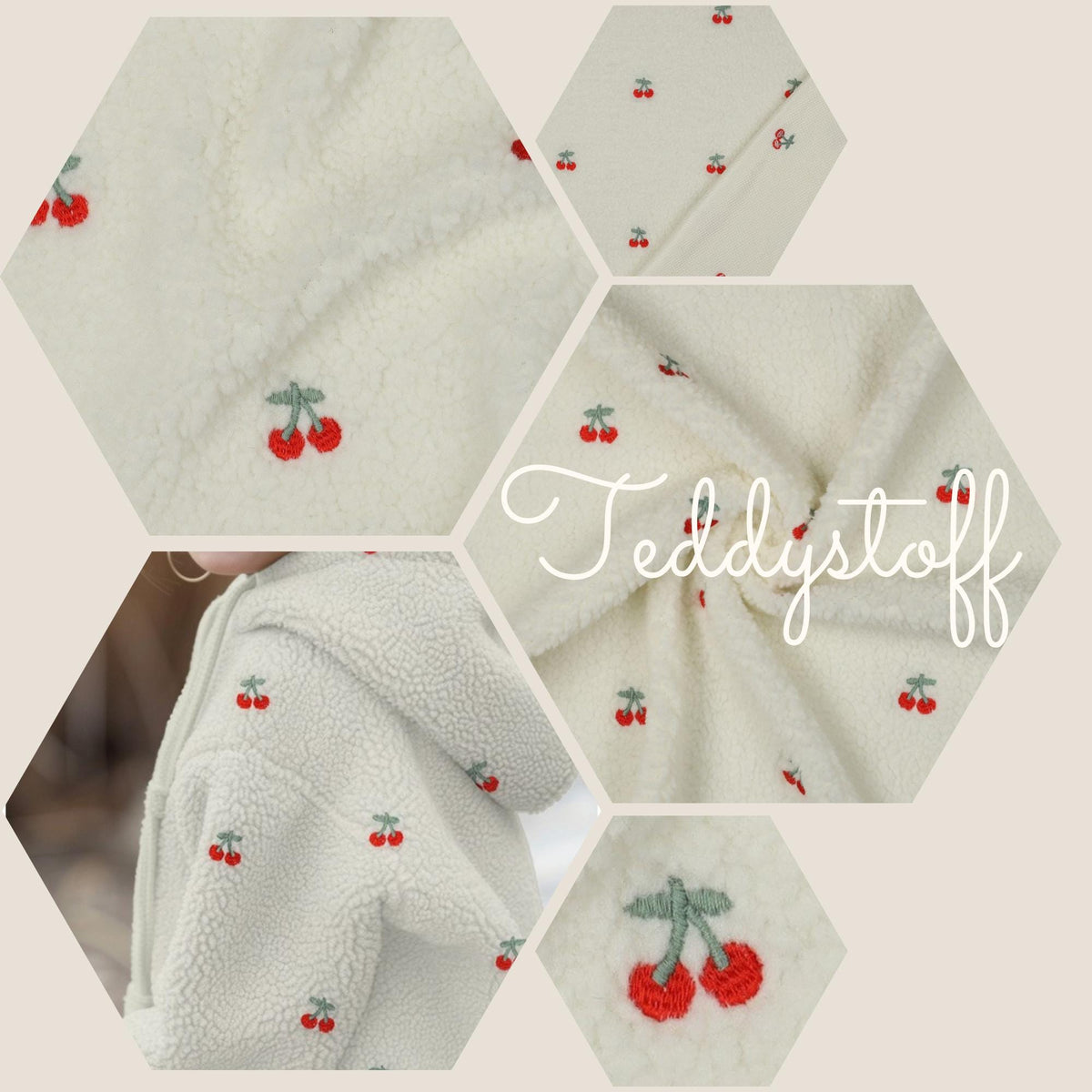 Teddystoff Kirschen - Kirsche bestickt Früchte weiß ecru