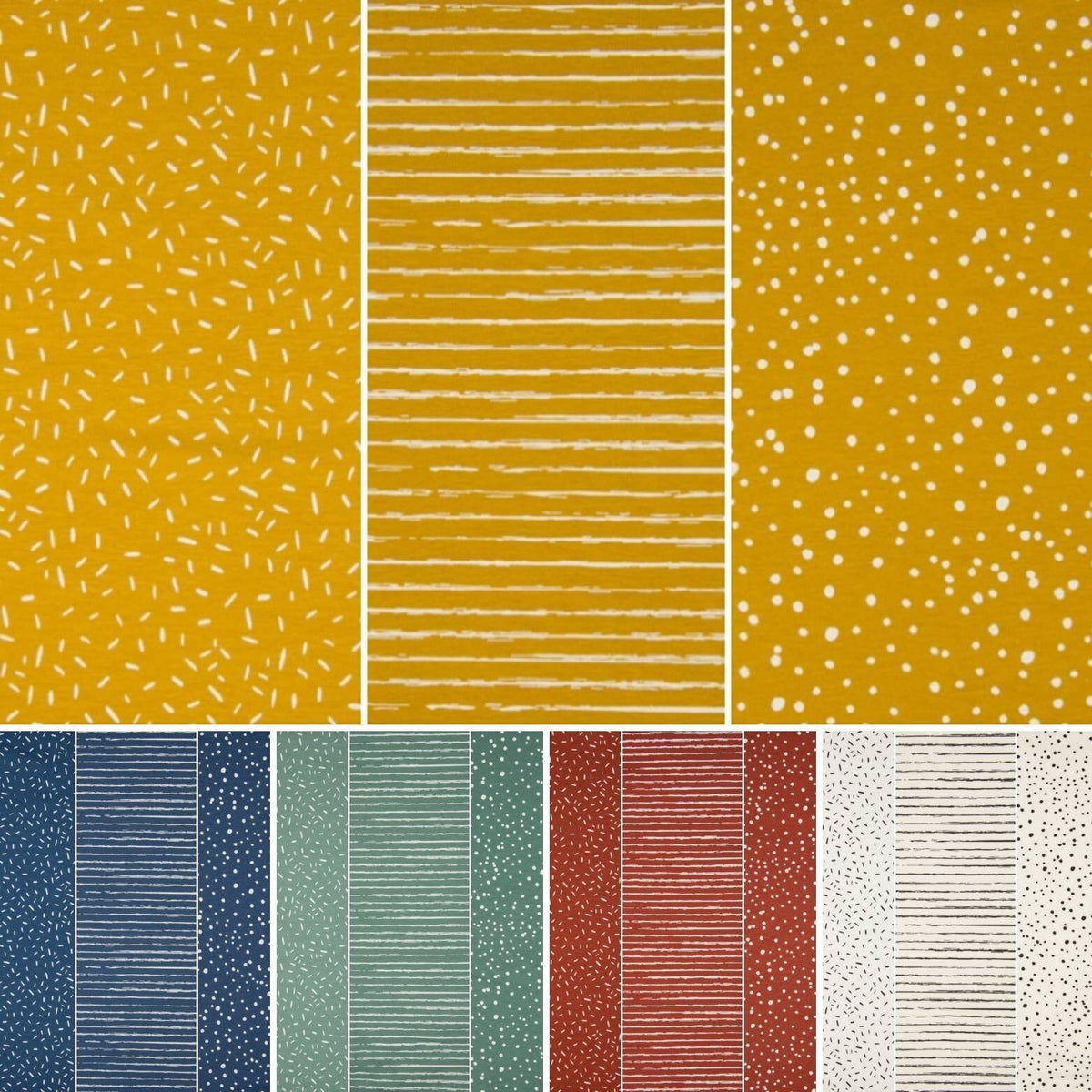 0,5 Meter Jersey Stoff Kinder Jerseystoff Meterware Punkte Streifen Striche senfgelb blau rost ecru mint grün cremeweiß