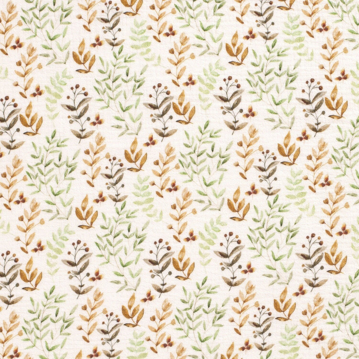 0,5 Meter Musselin 100 % Baumwollstoff Musselinstoff Digitaldruck Gauze Meterware Blätter Blumen Eukalyptus grün Babystoff Öko-Tex 100 Ecru