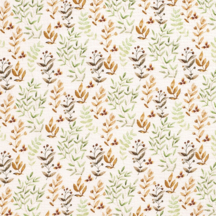 0,5 Meter Musselin 100 % Baumwollstoff Musselinstoff Digitaldruck Gauze Meterware Blätter Blumen Eukalyptus grün Babystoff Öko-Tex 100 Ecru