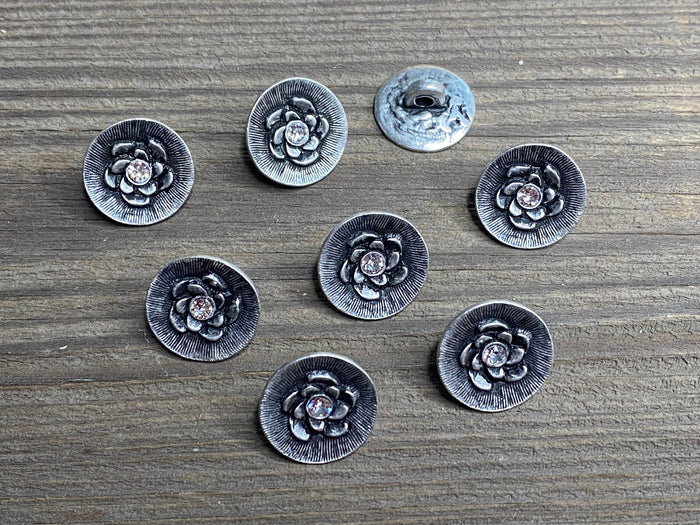 Dirndlknöpfe Rose m. Kristall metall rund 15 mm - Trachtenknöpfe Metallknöpfe Ösenknöpfe altsilber silber Dirndlknopf Trachtenknopf