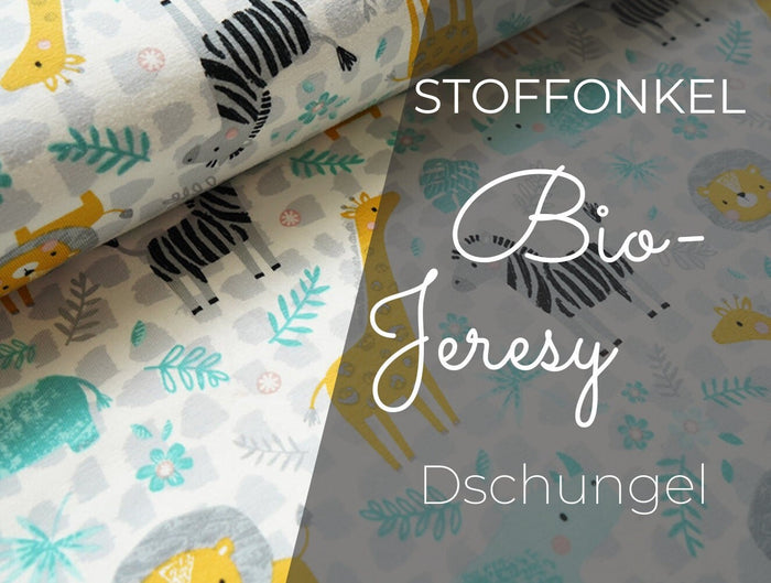 17 Euro/m Bio Jersey STOFFONKEL mit Muster Meterware Dschungel Löwen Giraffen Zebras und Nashörner Unisex