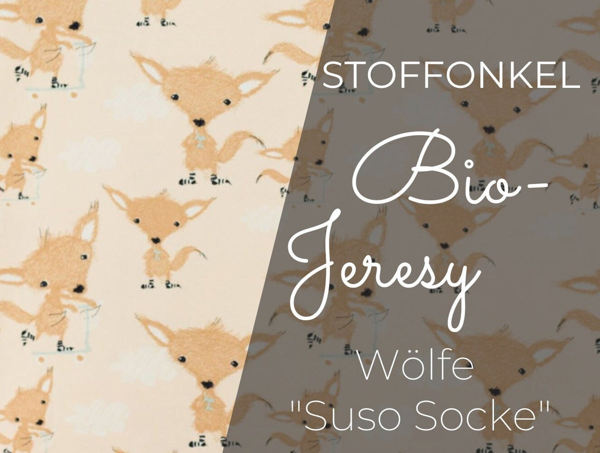17 Euro/m Bio Jersey STOFFONKEL mit Muster Meterware Fuchs Wolf Suso Socke peach