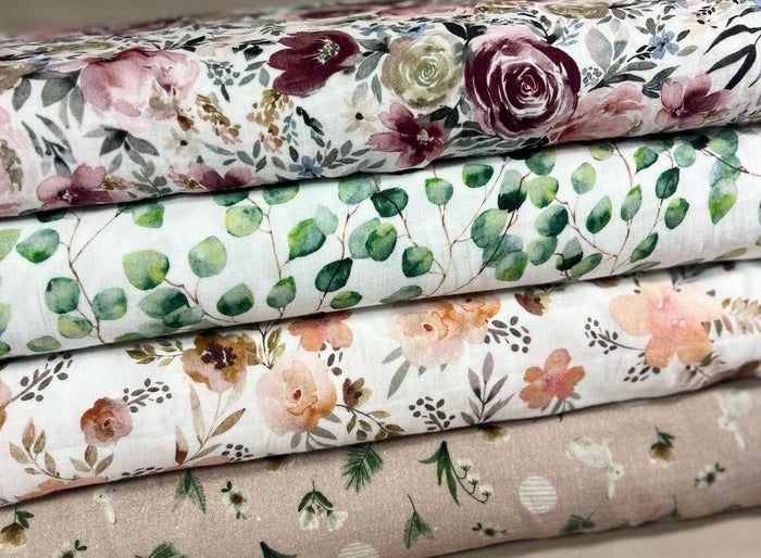 Musselin Double Gauze Digitaldruck Muster Meterware Eukalyptus Rosen Blüten Blumen Hasen