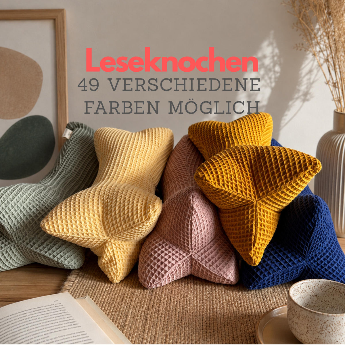 Leseknochen aus Waffelpique | Personalisiert - Ergonomisches Nackenkissen | Lesekissen & Buchstütze | Handmade | Geschenk für Leser