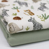 Safari Zebra Elefant Rippstrick Jersey Stoff Tiger Schildkröte | Baumwoll Jersey mit Lycra | Rib Jersey Stretch Stoff | Rippstoff Meterware