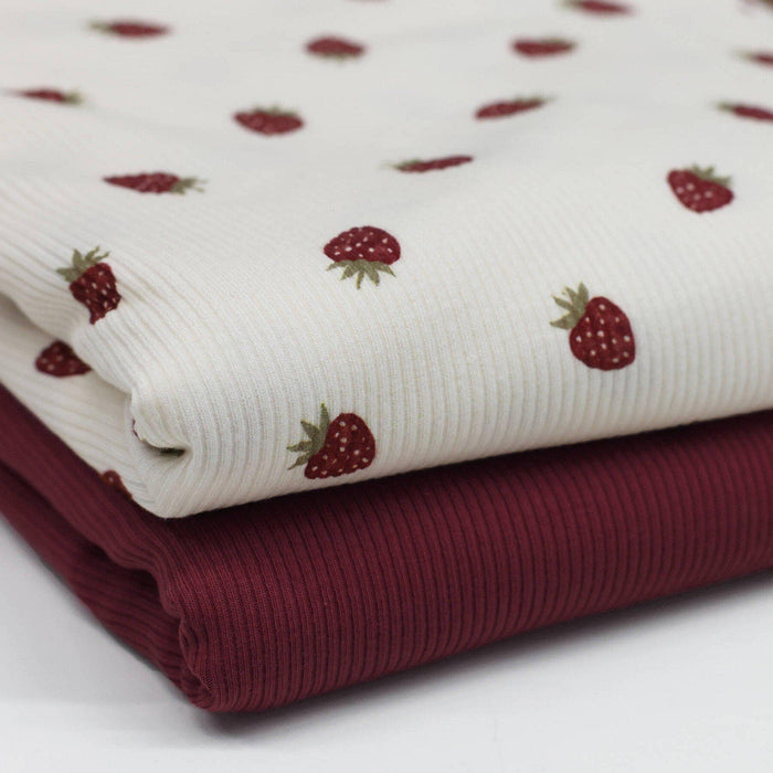 Erdbeeren Rippstrick Jersey Stoff bordeaux | Baumwoll Jersey mit Lycra | Rib Jersey Stretch Stoff | Rippstoff Meterware | Früchte