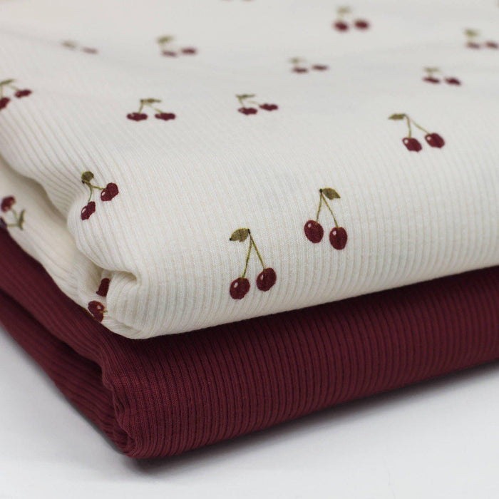 Kirschen Rippstrick Jersey Stoff bordeaux | Baumwoll Jersey mit Lycra | Rib Jersey Stretch Stoff | Rippstoff Meterware | Früchte Cherry