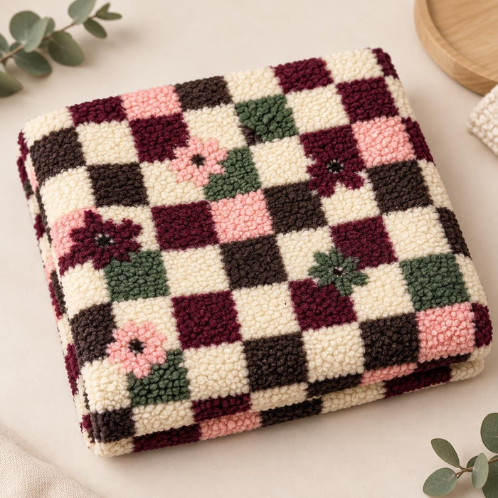 Teddy Jacquard Karo mit Blumen Stoff | Kuschelstoff Meterware | Teddyplüsch für Jacken Decken Westen Babykleidung